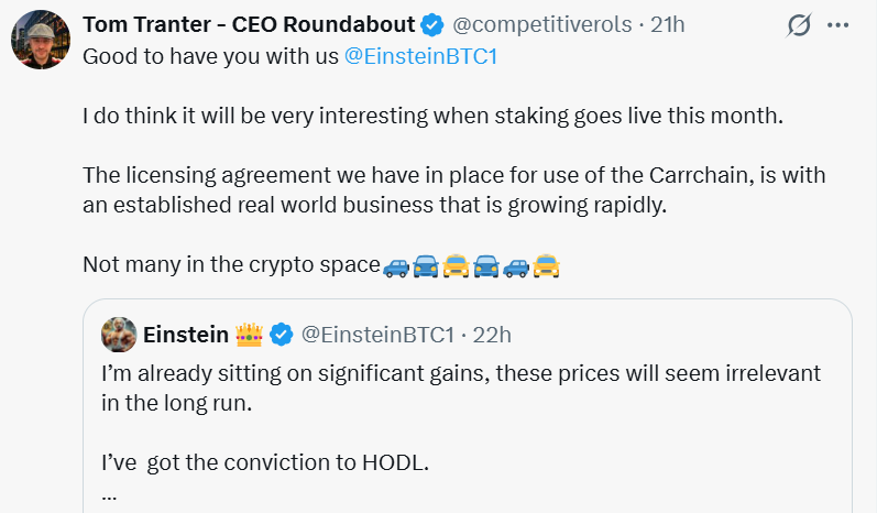 NeutralViewLab's tweet photo. Yo bros just read CEO Tom reply and damn it hits different 😂
Market choppy af rn but $CARR dropping staking this month with real USDT rewards?? From actual car biz licensing deal that’s growing fast irl. 

Not some fake hype narrative, this one actually pays stablecoin passively. Feels so chill just holding and earning instead of stressing charts 24/7. 

Who else holding $CARR? How much u planning to stake? I’m thinking add more fr 😂

*Not financial advice btw, just sharing what I saw, DYOR guys* 🚗💰