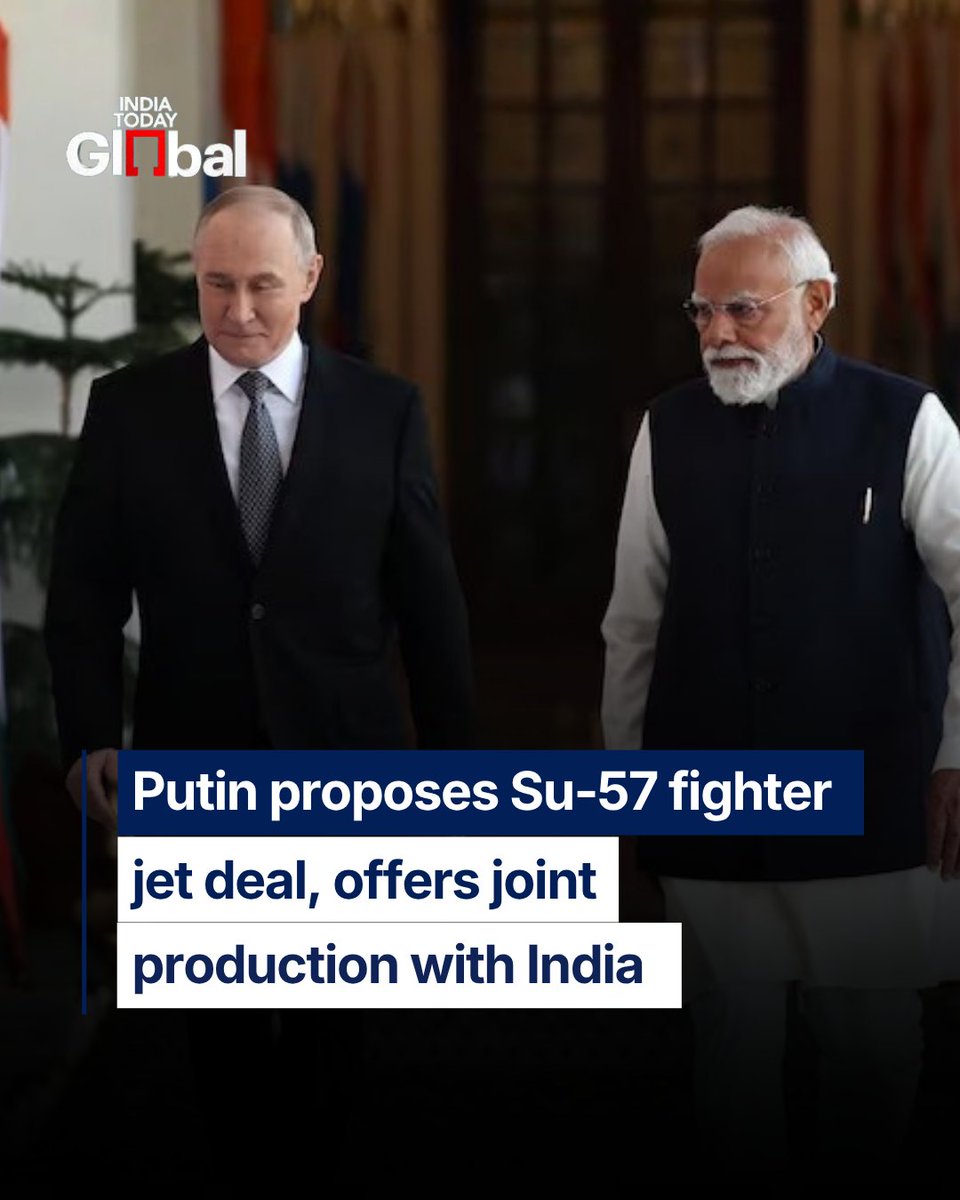 ITGGlobal's tweet photo. Russian President Vladimir Putin has offered India a renewed proposal to jointly develop and produce the Su-57 fifth-generation stealth fighter jet, signaling a potential major boost in defence cooperation between Russia and India.

Speaking to global media, Putin said Moscow is ready to share critical technologies and work with India on co-production of the advanced Su-57 aircraft, which is designed for stealth, multi-role combat, and modern aerial warfare capabilities. He added that there are “no limits” to defence cooperation between the two countries.

The offer comes as India weighs options for fifth-generation fighter jets, while its indigenous AMCA program is still years away from deployment amid rising global air force modernisation.

India had exited the FGFA project in 2018 over concerns related to stealth capability and technology transfer, but the new proposal has revived discussion on a possible renewed partnership.

Read more: https://t.co/ouiqo3Gzzq

#IndiaRussia #Su57 #Putin #DefenceNews  #IndiaTodayGlobal