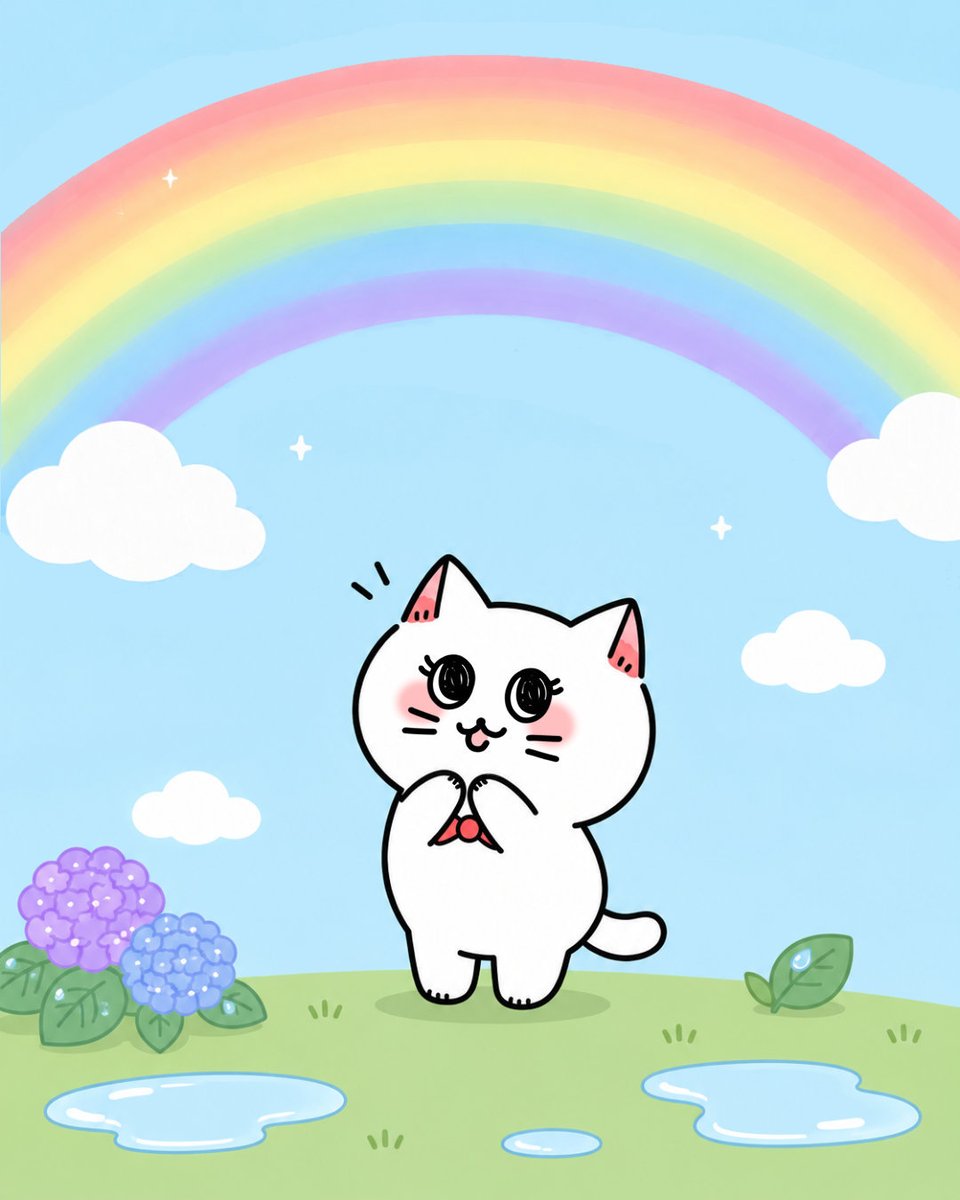 お外に出たらこんなに大きくて綺麗な虹（🌈✨）が出てたニャ