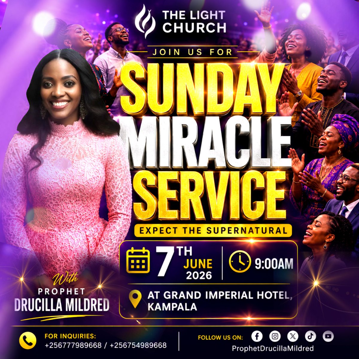 ProphetDrucilla's tweet photo. ✨𝗦𝗨𝗡𝗗𝗔𝗬 𝗦𝗣𝗘𝗖𝗜𝗔𝗟 𝗠𝗜𝗥𝗔𝗖𝗟𝗘 𝗦𝗘𝗥𝗩𝗜𝗖𝗘: Join us this Sunday 7th June at 9:00AM EAT for this life-transforming service at TheLight Church, Grand Imperial Hotel Kampala, Uganda.
📞Inquiries: +256777989668
#Miracles #Healing #Jesus #ProphetDrucillaMildred https://t.co/nLgir6oTPa