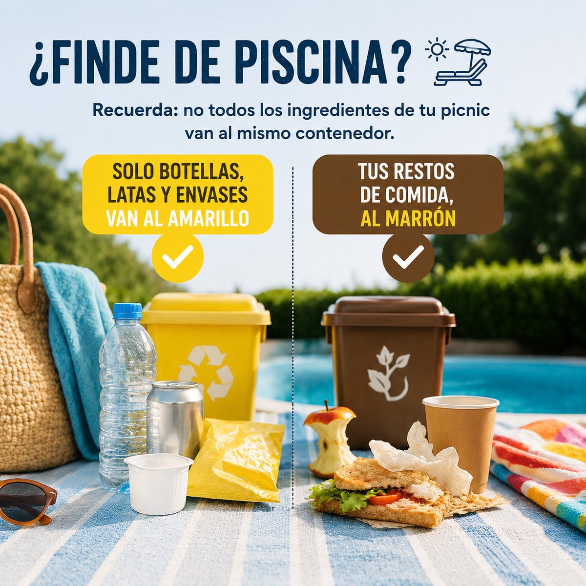 asplarsem's tweet photo. ¿Finde de piscina? Recuerda: no todos los ingredientes de tu picnic van al mismo contenedor. Solo botellas, latas y envases van al amarillo. Tus restos de comida, al marrón #Reciclaje #Sostenibilidad #EconomíaCircular #envases https://t.co/E6CQQ9BwSw