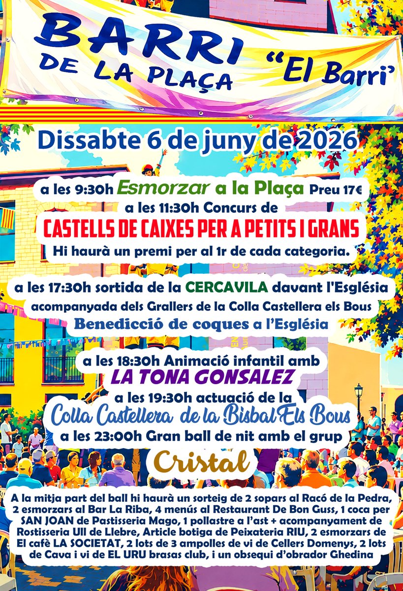 BisbalPenedes's tweet photo. BARRIS | 🥳 Demà dissabte 6 de juny comencen les festes dels barris amb la festa del Barri de la Plaça.
Aquí 👇 teniu el cartell amb totes les activitats programades.
#BarriDeLaPlaça #LaBisbalDelPenedès #BaixPenedès #FestesBisbalPenedès https://t.co/IPkG3dYVh6