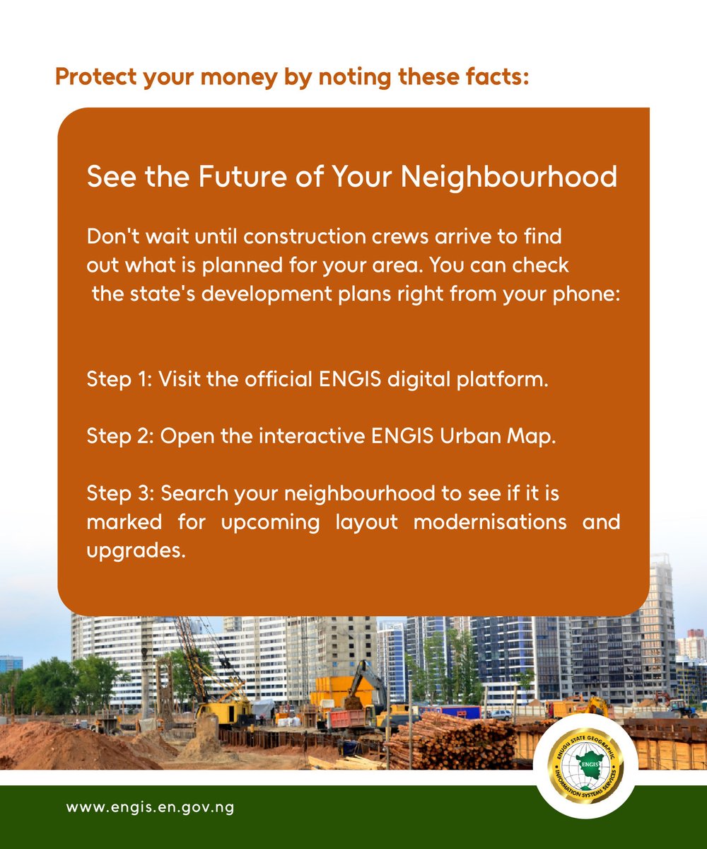 ENGIS_official's tweet photo. Want to know if your area is next in line for a major upgrade?
Click the link in our bio to explore the ENGIS Urban Map and check the upcoming renewal zones today!

#ENGIS #EnuguState #UrbanRenewal #EnuguProperty #SmartInvestment #LandSecurity #CertificateOfOccupancy #EnuguRealEstate