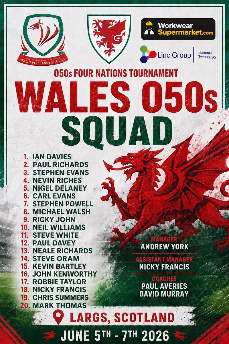 WalesVets's tweet photo. Good luck to our O50s squad travelling to Largs, Scotland to compete in this years O50 Four Nations Tournament

Fixtures start this evening with Wales playing the hosts @ScottishFA followed by @NorthernIreland &amp; then @EnglandVetsFc 

#VetsFootball ❤️🏴󠁧󠁢󠁷󠁬󠁳󠁿⚽️ https://t.co/SssC7zURLS