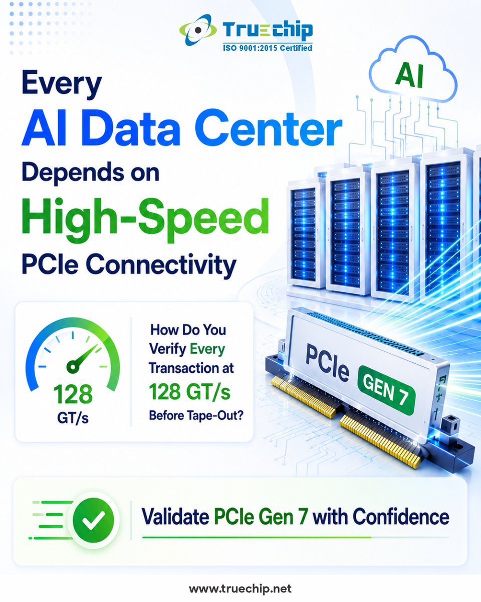 TruechipS's tweet photo. Respins are expensive. Excuses are free.

At 128 GT/s, PCIe Gen 7 has zero tolerance for verification gaps. Neither do we.

Truechip PCIe Gen 7 VIP. Fully covered:
✅ Flit &amp; Non-Flit Mode
✅ PAM4 &amp; Gray Coding
✅ L0p, LTSSM, L1/L2, ASPM

#PCIeGen7 #Truechip #VerificationIP https://t.co/q4Ddt0UYrt