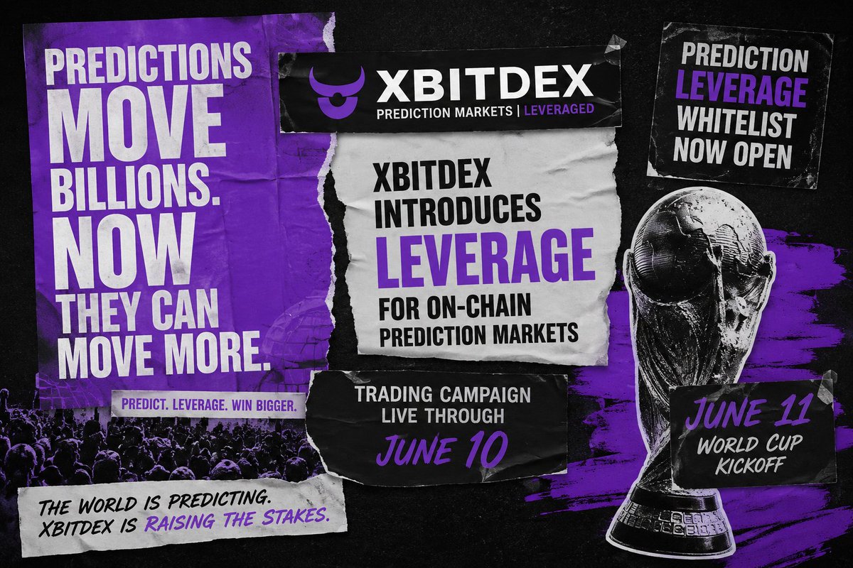 Vibeofweb3's tweet photo. Prediction markets are processing billions in monthly volume, and 

@XBITDEX is introducing leverage for on-chain prediction markets. 

Its Prediction Leverage whitelist is currently open, with a trading campaign running through June 10 ahead of the June 11 World Cup kickoff.

#XBIT 

Join us today:
https://t.co/l9xHm0k9je
