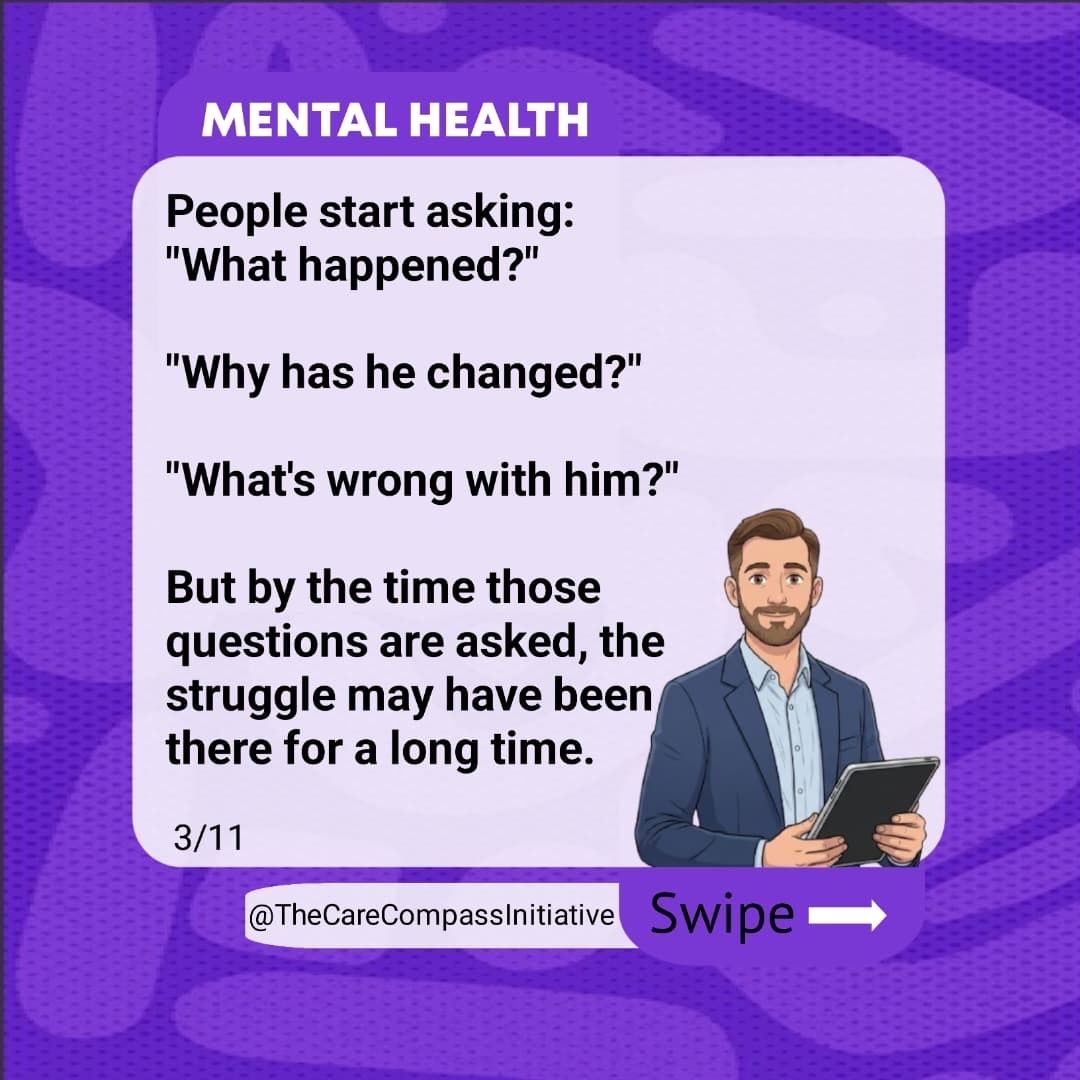 TheCareCompass_'s tweet photo. The world notices when a man stops producing, but rarely notices when he’s struggling.”

Let’s normalize checking in, listening without judgment, and reminding men that seeking help is strength not weakness. 

#MensMentalHealth #BreakTheStigma #TCCI https://t.co/hEVRaGAUBf