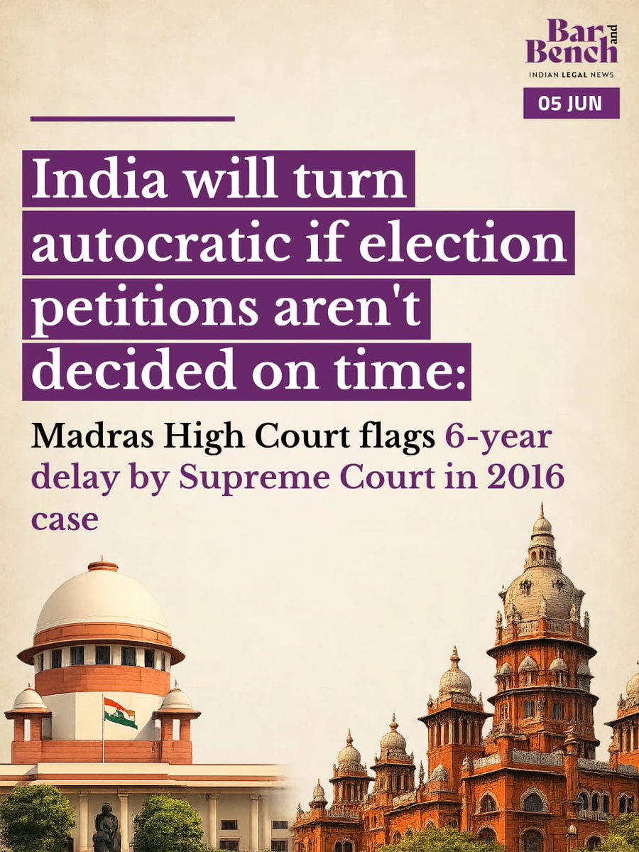 barandbench's tweet photo. India will turn autocratic if election petitions aren't decided on time: Madras High Court flags 6-year delay by Supreme Court in 2016 case

Read here: https://t.co/rgBDw7t426 https://t.co/PIZ9s0x4lP