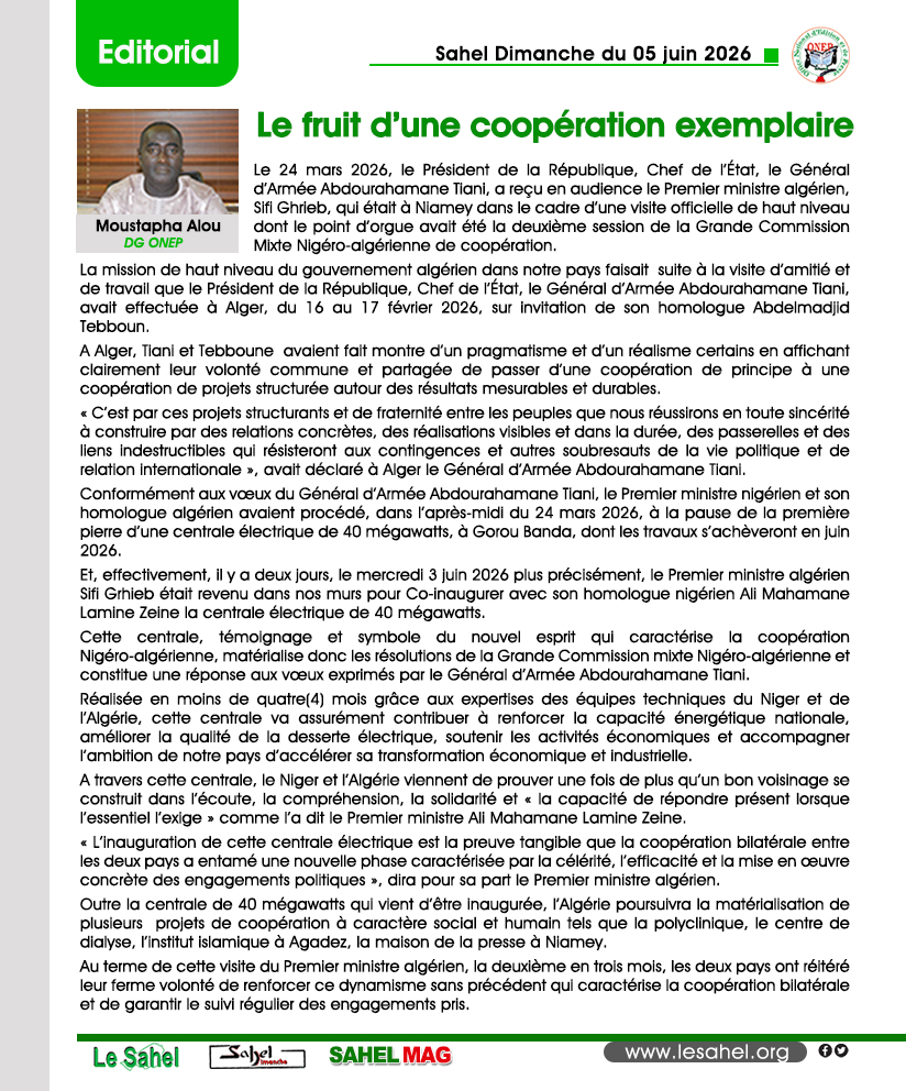 NigerOnep's tweet photo. #saheldimanche du 05.06.2026
#editorial : Le fruit d’une coopération exemplaire https://t.co/g4eDkE7NPs