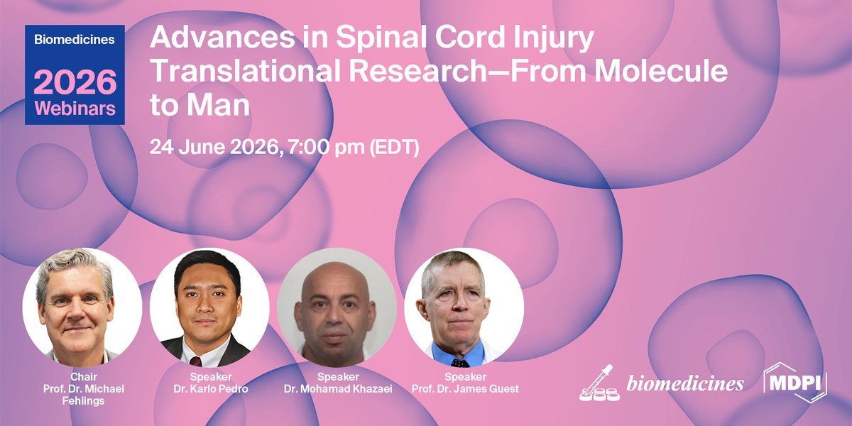 webinar_mdpi's tweet photo. Join this webinar by @MDPIOpenAccess &amp; @Biomed_MDPI on emerging research to restore significant function in individuals who have sustained a spinal cord injury.🩺

Register: https://t.co/uaS3Kz8YmD
Learn more: https://t.co/IVM4BtaRft

#MDPI #OpenAccess #Biomedicines #SCIs https://t.co/Wlv0uFBNp4