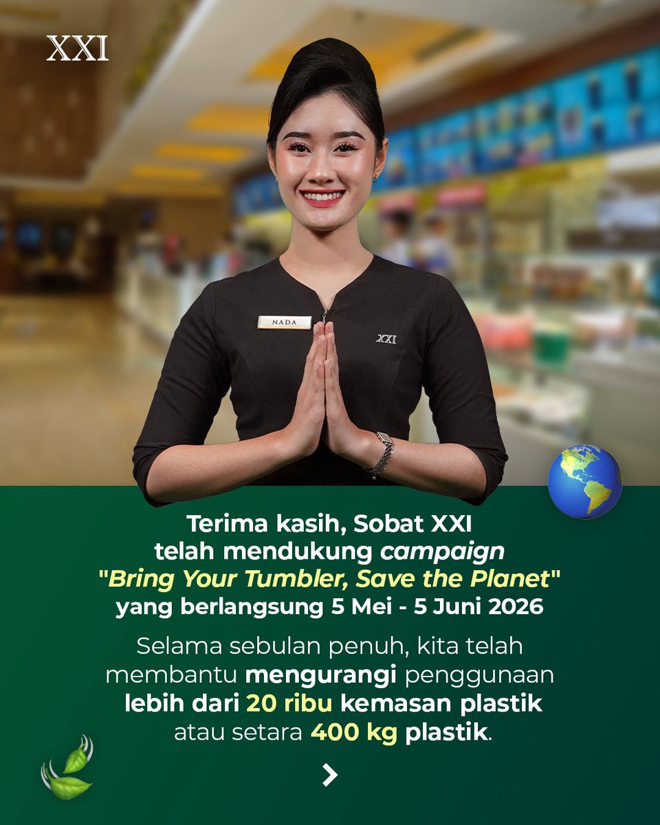 cinema21's tweet photo. Terima kasih, Sobat XXI 

sudah mendukung dan berpartisipasi dalam campaign “Bring Your Tumbler, Save the Planet” selama periode 5 Mei - 5 Juni 2026! 

Lewat inisiatif ini, kita bersama-sama membantu mengurangi penggunaan lebih dari 20 ribu kemasan plastik dan menunjukkan kalau perubahan besar bisa dimulai dari kebiasaan sederhana. 

Sejalan dengan semangat tersebut, Cinema XXI juga terus mengambil langkah nyata untuk mendukung sustainability. Mulai dari upcycling layar bekas menjadi screen bag dan seat cover menjadi bantal, pengumpulan minyak jelantah sebagai bahan baku biofuel, hingga edukasi karyawan lewat workshop eco enzyme. 

Karena menjaga bumi adalah perjalanan yang dilakukan bersama. 

Selamat Hari Lingkungan Hidup Sedunia!

#SelamatHariLingkunganHidupSedunia #diXXI