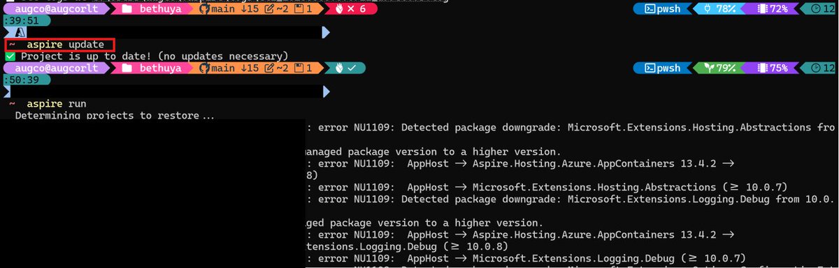 augvcor's tweet photo. aspire update says “all good”, but with #CPM the real work starts 😅
Still have to manually bump versions in Directory.Packages.props or hit downgrade errors.
Also @VisualStudio: clicking the error opens .csproj instead of the central file 🤦‍♂️
#dotnet #Aspire #NuGet #DevEx https://t.co/BnP7IJH3IP