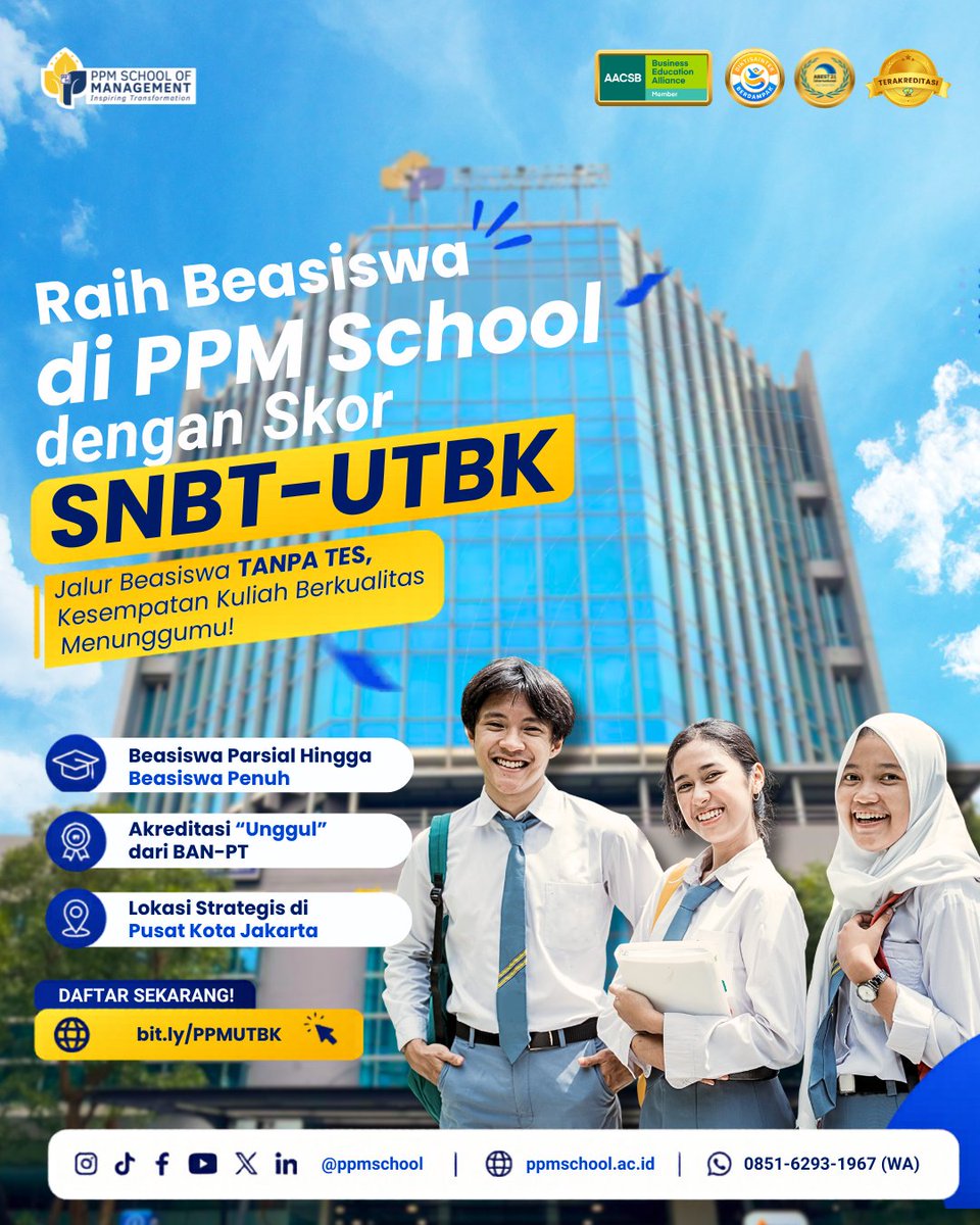 ppmschool's tweet photo. Pakai skor SNBT-UTBK kamu buat daftar beasiswa di PPM School 🚀

TANPA TES tambahan & kesempatan beasiswa hingga penuh 🎓

📅 Pendaftaran sampai 31 Agustus 2026
🔗 https://t.co/vPL47PCOnG

Jangan nunggu nanti, daftar sekarang juga 😉

See you at PPM School 👋

#StartAgainWithConfidence #PPMSchool #TheFutureofBusinessLeaders