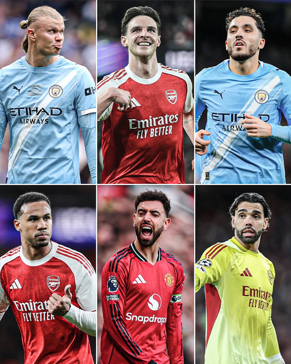 UTDRedDesk's tweet photo. 🚨𝗢𝗙𝗙𝗜𝗖𝗜𝗔𝗟: The shortlist for the PFA Premier League Player of the Year award has been announced! 🌟

• Rayan Cherki
• Bruno Fernandes
• Gabriel Magalhães
• Erling Haaland
• David Raya
• Declan Rice

🏆 Who gets your vote? 👀 https://t.co/eRUw2JbZFL
