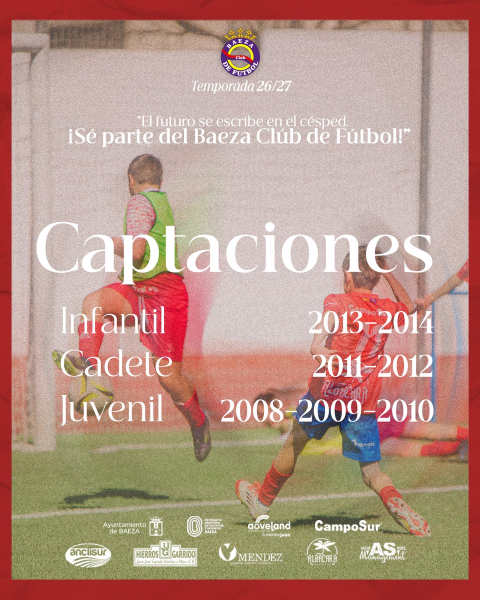 BAEZACF's tweet photo. ¡NUEVA OPORTUNIDAD! ⚽️ Abrimos proceso de captación para categorías Infantil, Cadete y Juvenil. ¿Quieres demostrar tu talento y crecer con nosotros?

📋 Inscríbete ya aquí: https://t.co/oecYiOrVnt

🔔 ¡Atento a nuestras redes! Anunciaremos fechas y horarios en los próximos días. https://t.co/LAYaQmk1XJ