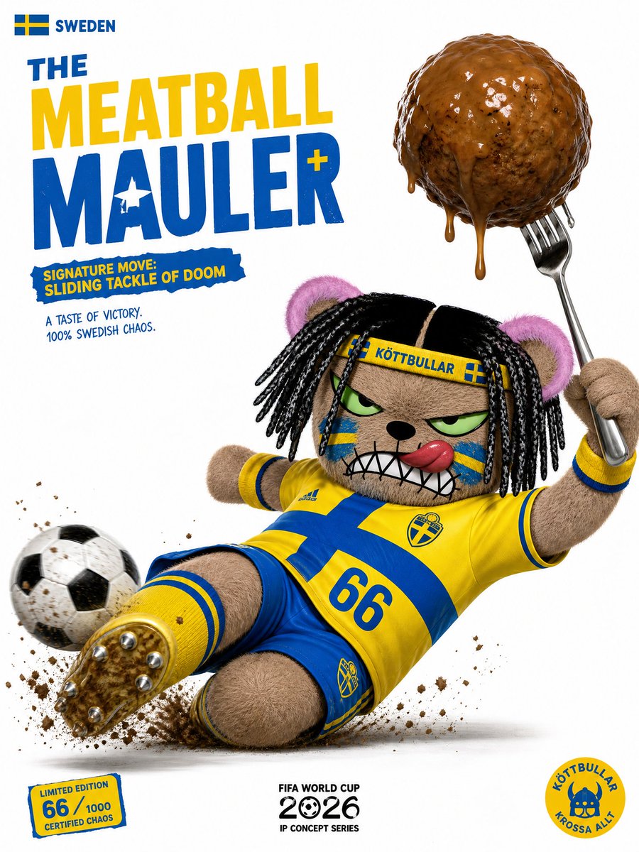 Shinebynous's tweet photo. The World Cup is only 6 days away.
Time to make some fun! 

I've created some characters in @lovart_ai 

Used prompt:

Can you create an IP image concept series for this character  [YOUR REFERENCE IMAGE]  as absurd and comical FIFA World Cup mascot football players?

Create [4] different image concepts in 3:4 format. Each image must feature:
1. A unique football player version of the character
2. A country-inspired outfit without using official copyrighted logos for [county names] 
3. A player number
4. A funny football nickname
5. One absurd signature move
6. A white or clean studio background

Make the designs colorful, exaggerated, funny, collectible, and perfect for a World Cup character universe. Do not create serious players. Make them chaotic, iconic, and slightly ridiculous.

Show me your World Cup  mascot
#Lovart #LovartPartner