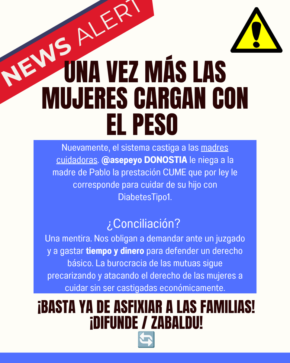 dROSCOj's tweet photo. @asepeyo Donostia ataca el derecho a conciliar retirando el CUME a la madre de mi hijo (12 años, Diabetes Tipo 1).Una mutua privada castiga a una madre cuidadora e ignora el criterio de @osakidetzaEJGV . ¡Nos obligan a demandar! Burokrazia gizagabea. 
¡DIFUNDE / ZABALDU! RT 🔄 https://t.co/h7WfpoxnX5