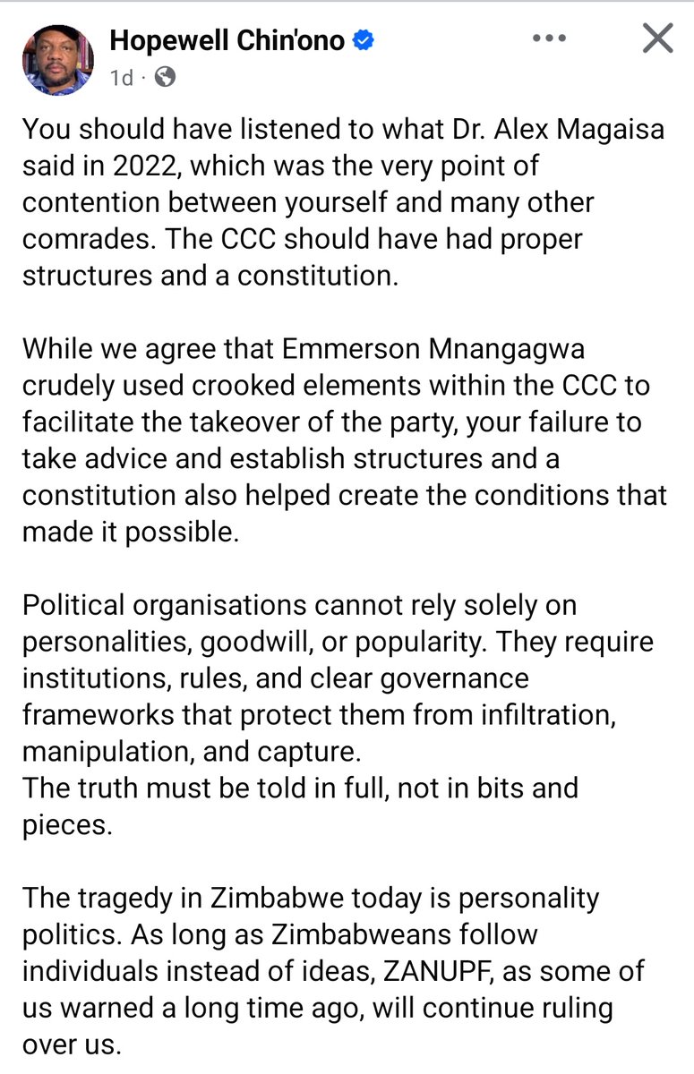 BatsieKu's tweet photo. Put simply:
. Why did the courts recognise Tshabangu when there were no structures and constitution? How did they determine Chabangu was the legal SG?
. MDCA and Harvest house were taken where structures and constitution existed.

What would have stopped ZanuPF, a constitution? https://t.co/tPtFXwDzCL