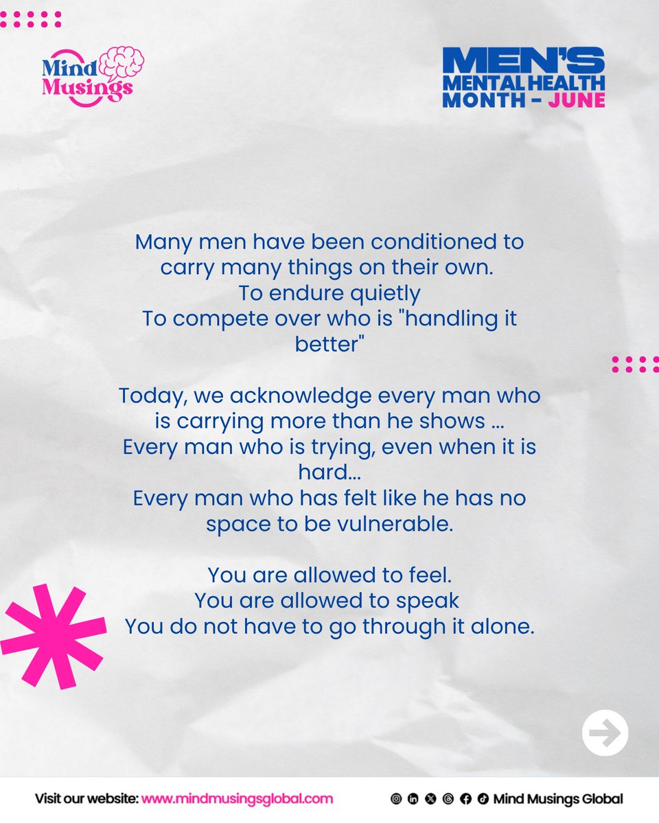 Mind_Musings_'s tweet photo. and they deserve the space to express themselves without judgment. 

Swipe through to understand the reality.

Reach out to a man in your life;a friend, brother, father, or partner and genuinely ask how they are doing , and take a moment to listen. You might just save a life.🌸 https://t.co/5bnIIff5Ol