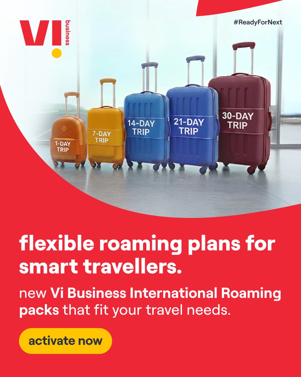 ViBusinessIndia's tweet photo. International travel plans?

Stay connected with the new Vi Business #InternationalRoaming packs. Whether it's a 1-day business trip or a 30-day journey, choose a plan that fits your schedule and stay productive across borders.

Learn more: https://t.co/fev5w8INHU

#ReadyForNext https://t.co/2VEeQjbGOi