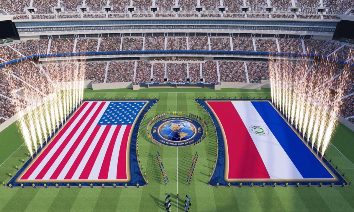 AwayDaysFB's tweet photo. 🚨 𝗕𝗥𝗘𝗔𝗞𝗜𝗡𝗚: FIFA has unveiled the new pre-match ceremony format for the World Cup!

Players will no longer line up in two parallel lines before kick-off.

Instead, both teams, including substitutes, will form circles in their own half of the pitch.

The national anthems will then be played while two giant national flags are displayed across each half of the field.