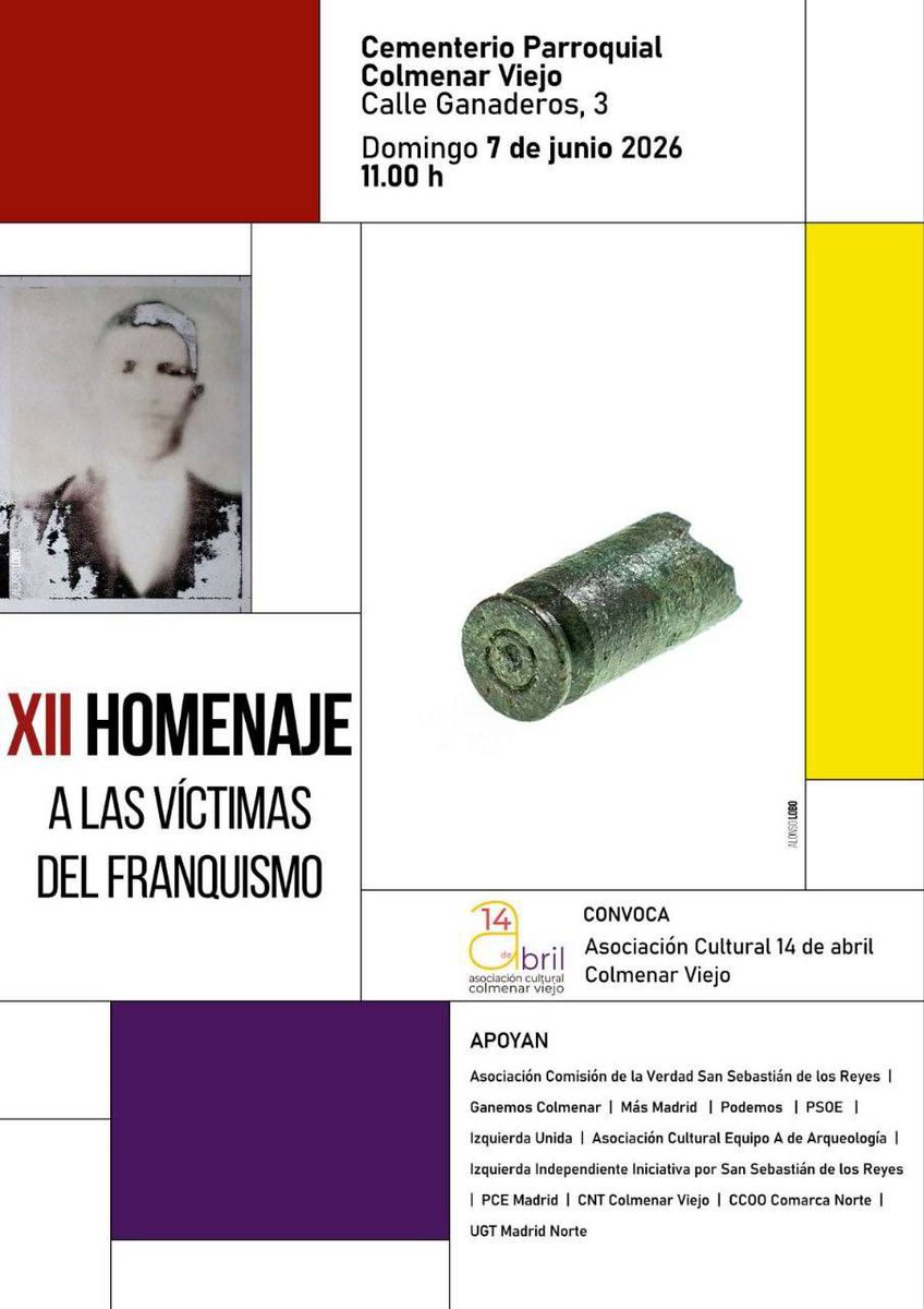 Mas_ColmenarV's tweet photo. La memoria democrática es compromiso con la verdad, la justicia y la reparación.

El domingo, a las 11:00, estaremos en el homenaje a las víctimas del franquismo en el Cementerio Parroquial de Colmenar, porque recordar es también construir un futuro más justo y más libre. https://t.co/nxokWrnnLY