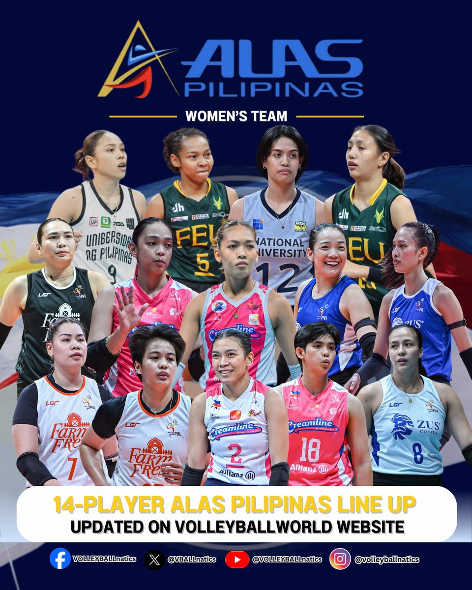 VBALLnatics's tweet photo. ALAS PILIPINAS WOMEN'S UPDATE🏐🇵🇭

The 14-player ALAS Pilipinas line-up for the upcoming 2026 AVC Women's Cup in Candon was updated today on the Volleyballworld website. Alyssa Solomon is now included in the line-up, replacing Jaz Ellarina.

#ALASPILIPINAS https://t.co/6e5y5ks78l