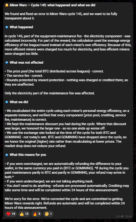 _MMoustachio's tweet photo. 📢 MinerWars Cycle 145 update

The issue was investigated, identified, and refunds were processed automatically.

I received my refund today 👍

Mistakes happen, but transparency and accountability matter.

Credit to the team for handling this well. 🤝

#GoMining #MinerWars https://t.co/85fpg9FpAj