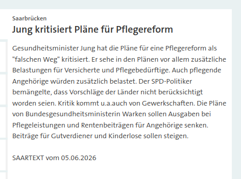 UK136S's tweet photo. Gesundheitsminister Jung (#Saarland) hat die Pläne für eine #Pflegereform von #Bundesgesundheitsministerin Warken als "falschen Weg" kritisiert https://t.co/kf4lkziWYm