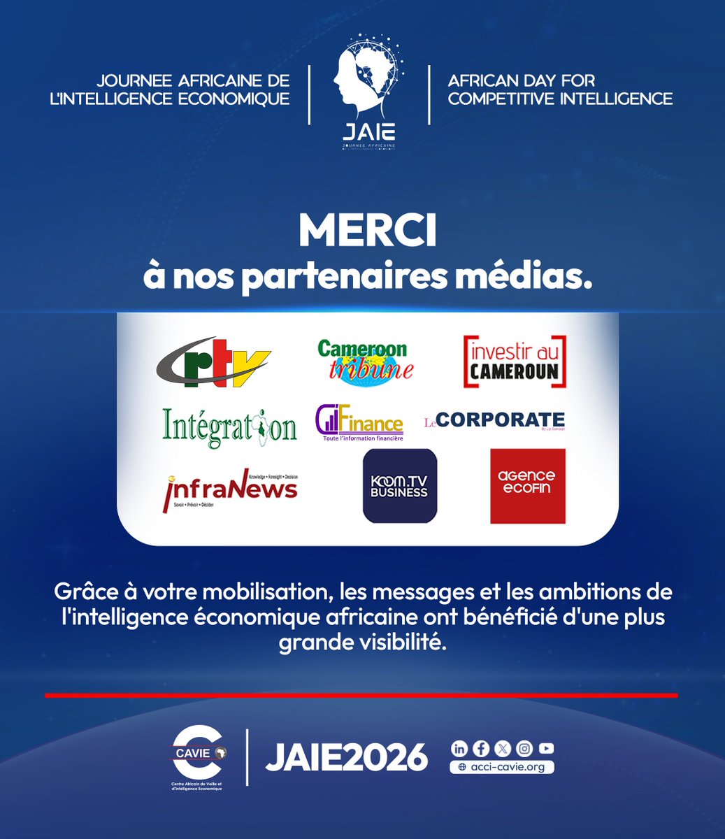 cavie_acci's tweet photo. 🎙️ Le CAVIE remercie l'ensemble des médias qui ont accompagné la #JAIE2026. Grâce à votre engagement, les enjeux de l'intelligence économique ont rayonné auprès d'un large public.

🤝 Merci pour votre confiance.

#CAVIE #JAIE2026 #IE237 https://t.co/OIh3Wp32cw