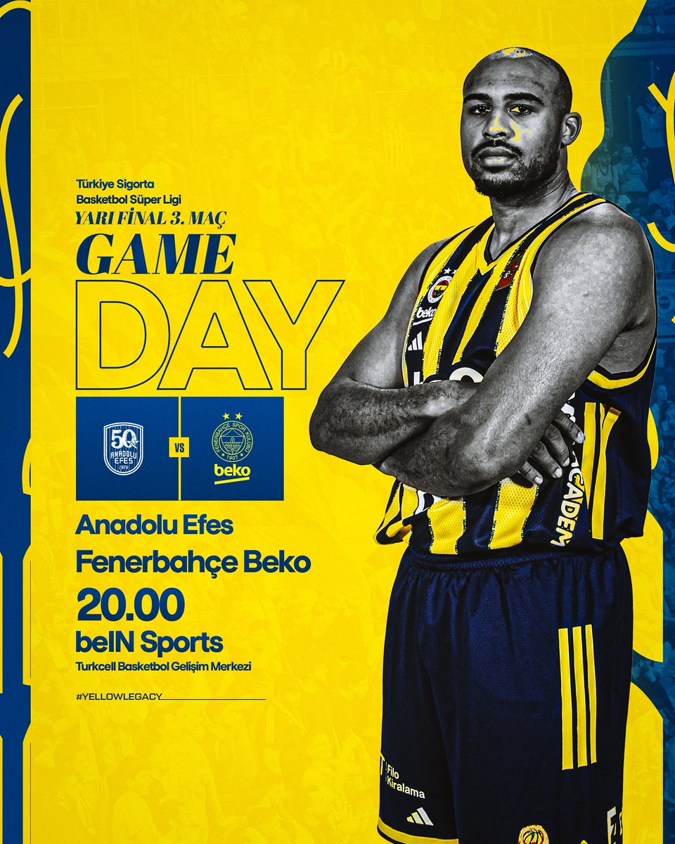 FBBasketbol's tweet photo. 🏀 Maç günü!

🏆 @basketsuperligi Playoff Yarı Final 3. Maç
🆚 Anadolu Efes
🕣 20.00
📍 Turkcell Basketbol Gelişim Merkezi
📺 beIN Sports 5
📱 #YellowLegacy https://t.co/RDmWUxoS9x
