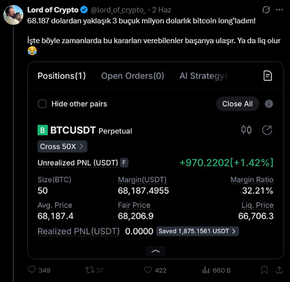 0xMultijet's tweet photo. Açıklıyorum: Lord'un işlemler yüksek ihtimalle demo değil. Zaten sorun da o değil. Sorun bu kadar insanı liq olmayacağına inandırıp liq etmesi. Şimdi bu paranın kaynağına gelelim

Onlarca scam projelerden 30k$ ile 100k$ arası para aldığını çevrenizdeki herhangi bir tecrübeli bd'ye doğrulatabilirsiniz

Sürekli liq olmasının da 2 sebebi var. Birincisi discount alınan ismi lazım değil bir borsa ile hedge, ikincisi de haram para olduğu için çarçur

Son olarak bunun arkasından giden eşşekler önce tüm varlığıyla pozu bu liq fiyatında açıp sonra lordun önceden haber vermediği şekilde liq fiyatını çeke çeke hepsi liq oldu muhtemelen. Bu orospu çocuğu namussuz dolandırıcıların ülkeye girememesi gerekiyor