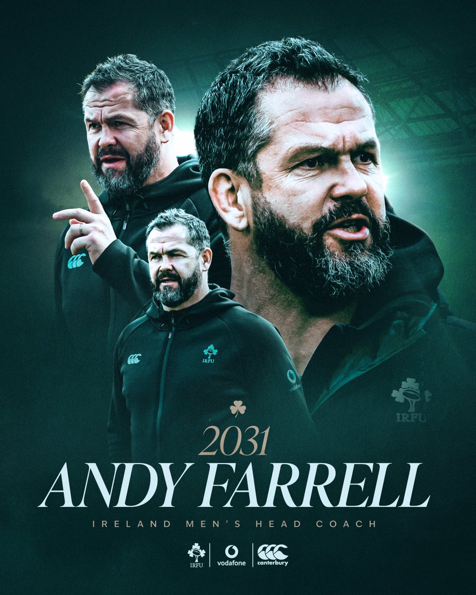 IrishRugby's tweet photo. We're delighted to announce Andy Farrell has signed a new contract as Ireland Men's Head Coach until 2031. 🙌 https://t.co/yK9XQnqqfB