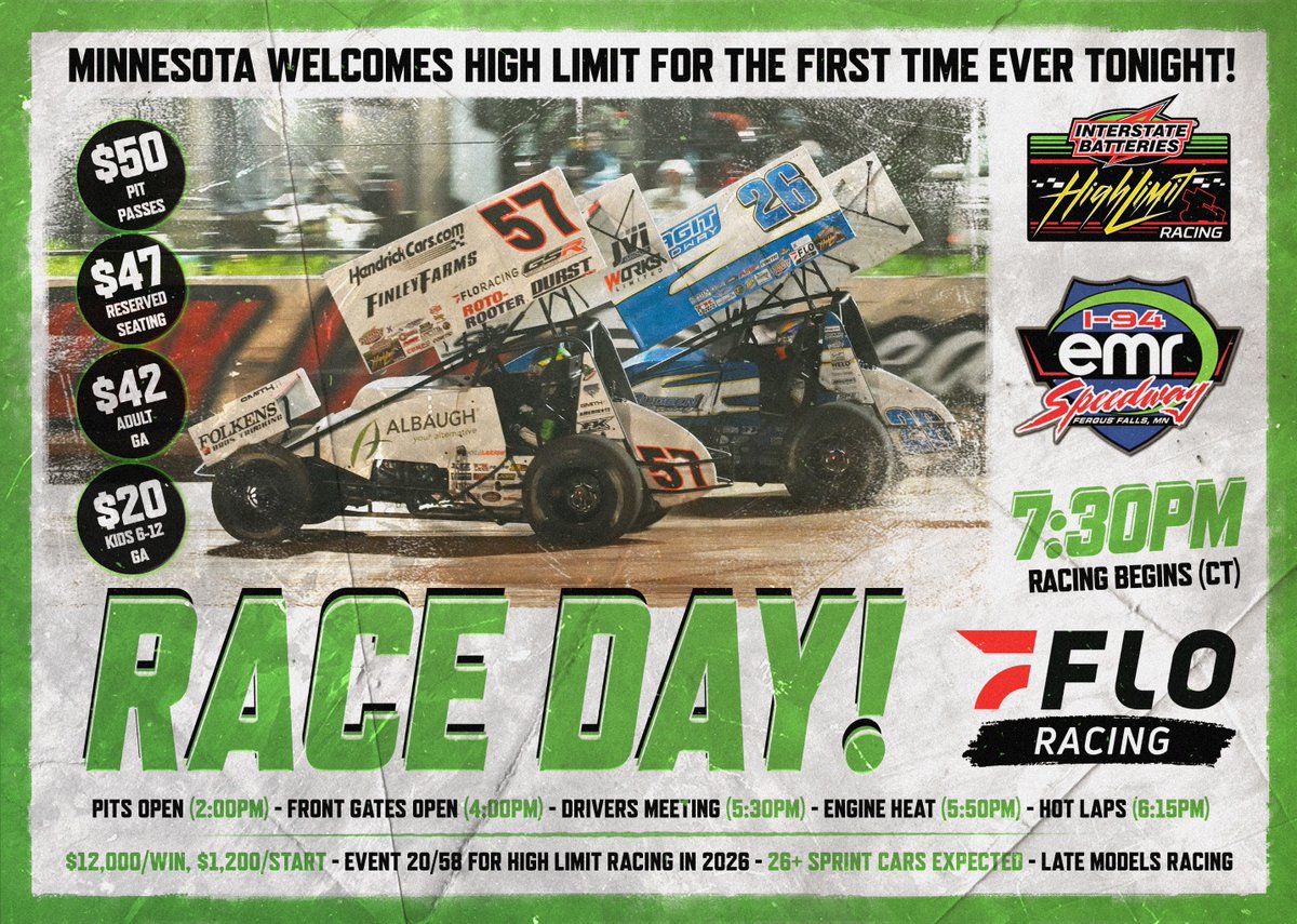 HighLimitRacing's tweet photo. Fergus Falls' I-94 emr Speedway brings @InterstateBatts High Limit Racing to Minnesota for the first time tonight!

⏰ Hot Laps at 6:15 CT (Racing 7:30pm)
🎟️ Buy Tickets at https://t.co/l5ehUMuNiL
🤑 Make Picks at https://t.co/HcvLKFXxkT
📺 Watch Live at https://t.co/HqCOVcUEzI https://t.co/5nOsZ6MEF3