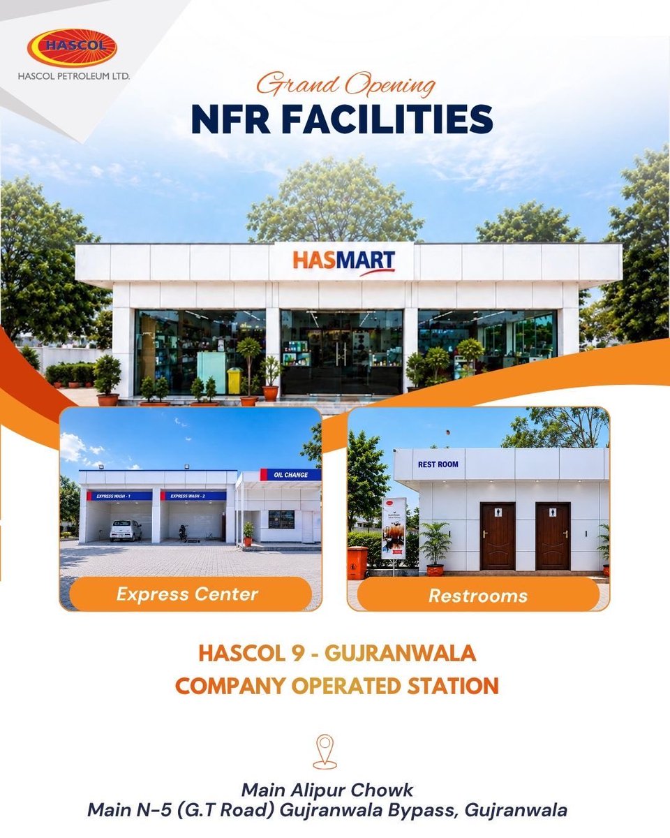 HascolLimited's tweet photo. Grand Opening Alert- Hascol 9! 🎉

We are proud to announce the opening of HASCOL 9 – Gujranwala, our newest Company Operated Station, strategically located at 📍Main Alipur Chowk, Main N-5 (G.T Road), Gujranwala Bypass.

#HASCOL #GrandOpening #Gujranwala #CompanyOperatedStation https://t.co/tpR5Y3HpMg
