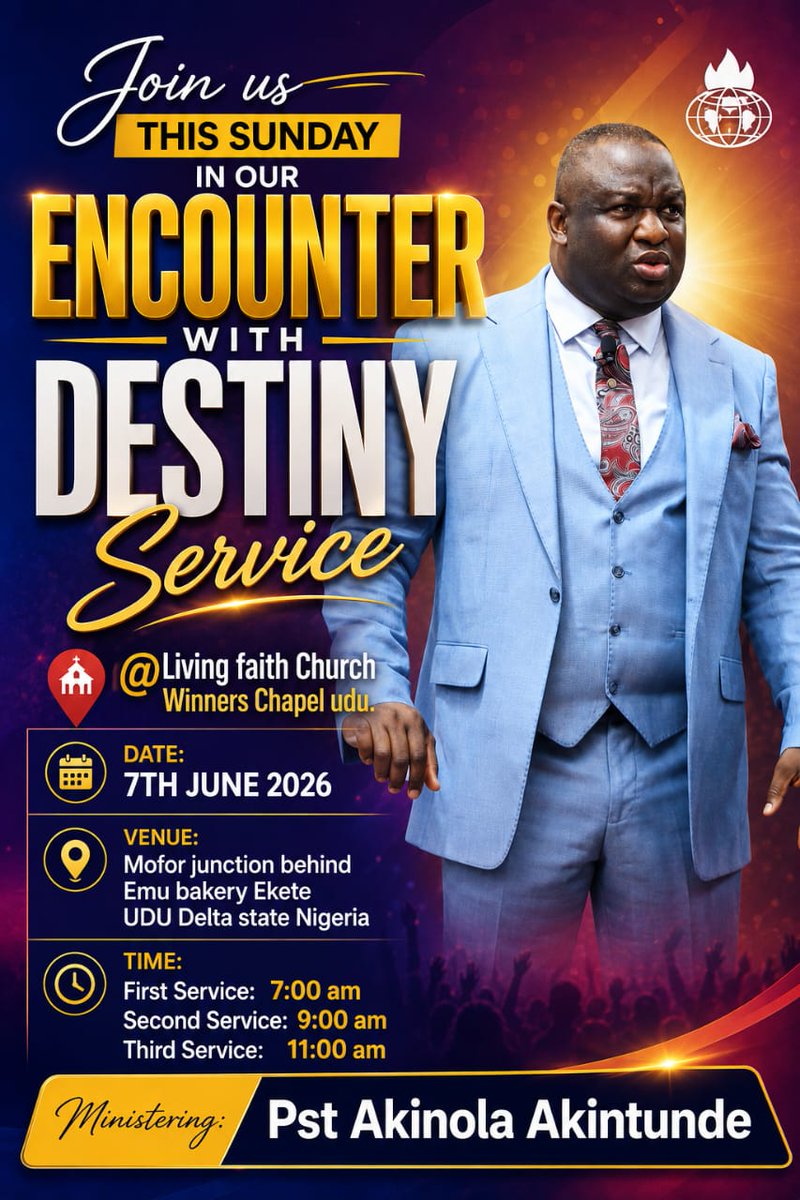 lfchapeludu's tweet photo. It is time to know and step into the fullness and manifestation of your destiny. 

 Join us on Sunday 7th June 2026, for our "Encounter with Destiny Service"

First Service:7:00a.m.
Second Service: 9:00a.m.
Third Service: 11:00a.m.

Invite your Converts, Friends, Family. https://t.co/ha5KKf7vco
