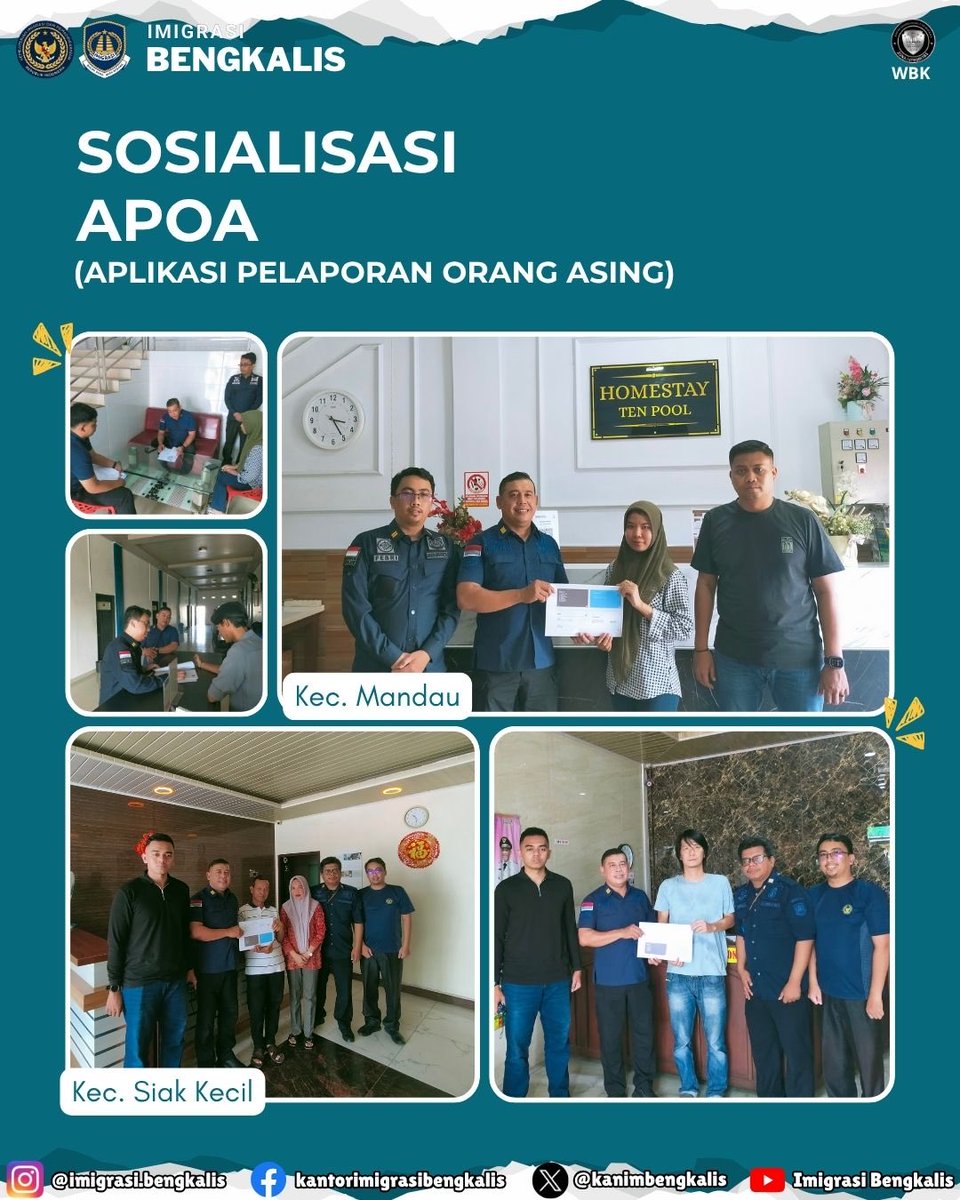 kanimbengkalis's tweet photo. Dalam rangka meningkatkan efektivitas pengawasan keimigrasian, Kantor Imigrasi Kelas II TPI Bengkalis melaksanakan kegiatan sosialisasi Aplikasi Pelaporan Orang Asing (APOA) dengan mendatangi sejumlah penginapan yang berada di Kec. Mandau dan Kec. Siak Kecil. https://t.co/0cbF50DXOm