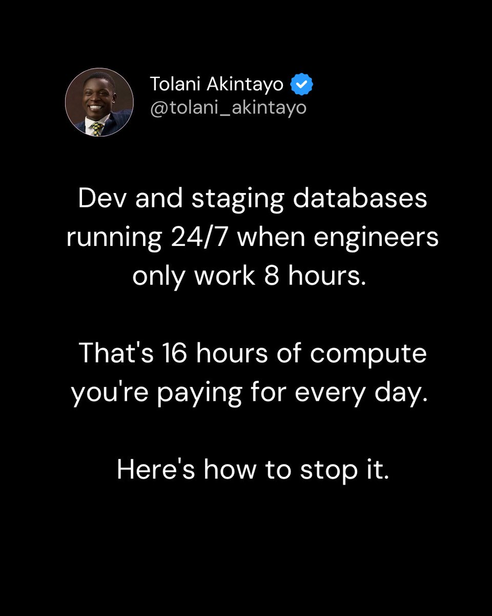 tolani_akintayo's tweet photo. Running dev databases 24/7?

That's one of the easiest AWS cost leaks.

Use EventBridge + Lambda to stop them after hours and start them before work.

Good cloud engineering includes cost awareness.

#AWS #DevOps #FinOps https://t.co/zgrxYXVFrW