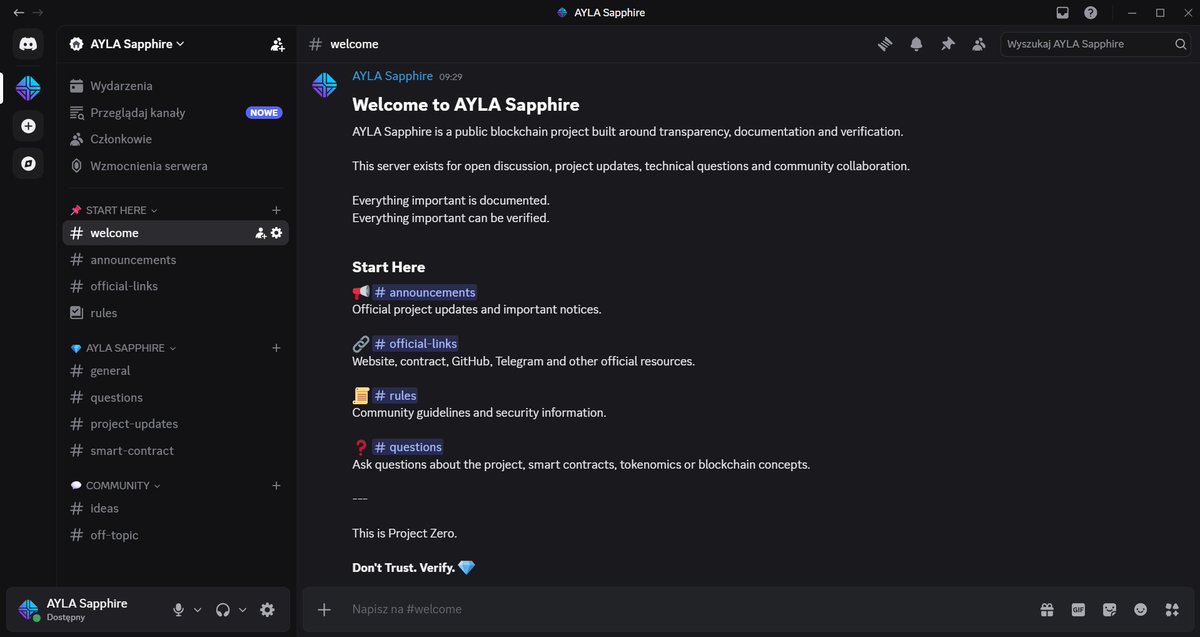 AYLAProjectZero's tweet photo. The official AYLA Sapphire Discord server is now live.

A place for project updates, technical discussions, smart contract analysis, questions, and community feedback.

Everything documented.
Everything verifiable.

Don't Trust. Verify. 💎 https://t.co/E1GxlKk3i6