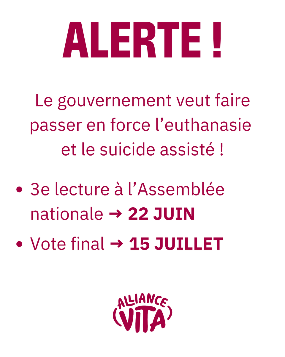 allianceVITA's tweet photo. EUTHANASIE / SUICIDE ASSISTE : Une 3e lecture est annoncée à l’Assemblée nationale le 22 juin avec un objectif clair : clore les débats avant l’été et parvenir à un vote final le 15 juillet.

📣 Face à ce passage en force, nous avons lancé une mobilisation nationale autour d’un slogan choc : « Nos mourants ne sont pas des encombrants ».

👉 Ce cri d’alerte s’affiche déjà dans l’espace public : des banderoles sont déployées partout en France. La mobilisation s’organise pour faire entendre une autre voix : rappeler que les personnes frappées par la maladie gardent toute leur place dans la société.

🚨 Si nous tirons la sonnette d’alarme aujourd’hui, c’est parce que cette loi bouleverse en profondeur notre pacte social. En affirmant que, pour certains, la mort peut devenir une option, cette loi envoie un message redoutable :

- Elle fragilise les plus vulnérables.
- Elle brouille le sens du soin.
- Elle laisse entendre que certaines vies pourraient être « de trop ».

📣 C’est maintenant que tout se joue. Vous pouvez agir concrètement en :
-  Écrivant à votre député. Le texte revient à l’Assemblée dans quelques jours : chaque message compte, même si vous lui avez déjà écrit.
🔗https://t.co/xKjUQTLdH6

#findevie #euthanasie #encombrants