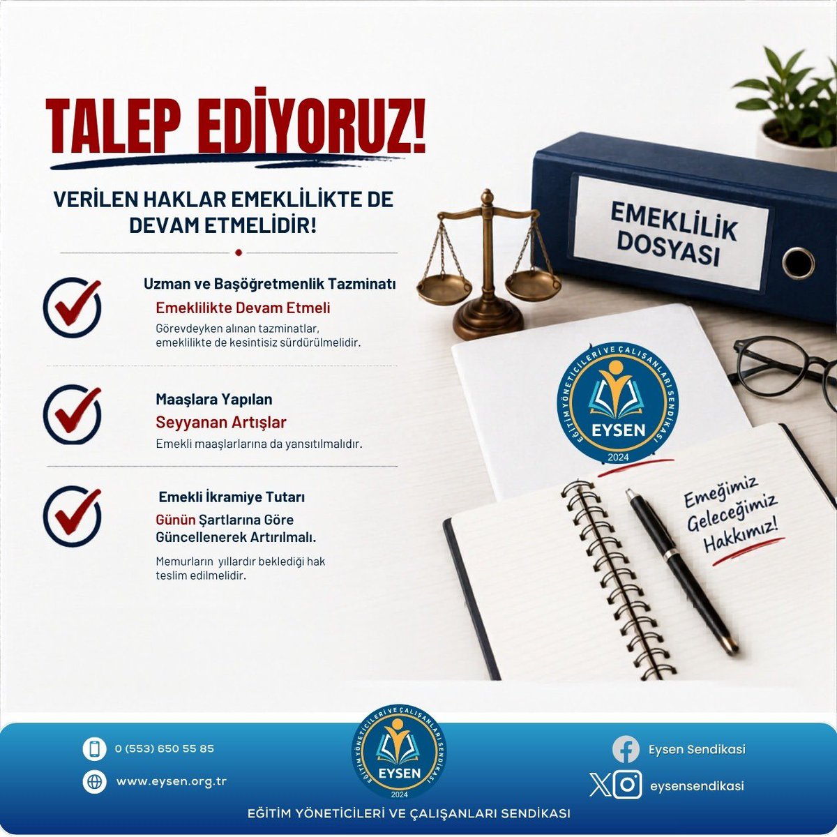 eysensendikasi's tweet photo. Eğitim hizmetinin her kademesinde emek veren tüm eğitim çalışanlarının emeklilik döneminde de haklarının korunması, çalışma hayatında adalet ve vefa anlayışının önemli bir parçasıdır. Kazanılmış hakların güvence altında tutulduğu, emeklerin karşılığını bulduğu daha adil bir düzen için eğitim çalışanlarımızın beklentilerinin dikkate alınmasını önemsiyoruz.