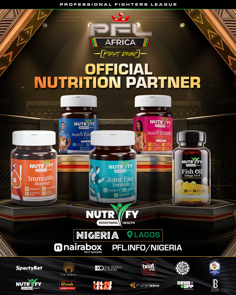 PFLAfrica's tweet photo. PFL AFRICA X NUTRI-FY PARTNERSHIP 💊🥊

Elite fighters need elite nutrition.

We’re proud to announce @NutrifyNigeria  as the Official Nutrition Partner of PFL Africa!

Fueling our athletes with top-tier supplements so they perform at the highest level on June 13.

🗓️ June 13, 2026
📍 Eko Hotel, Lagos

🎟️ Get Your Tickets Now: https://t.co/0wD9lpwI8K
#PFLNigeria | Saturday, 13 June | Live on SuperSport