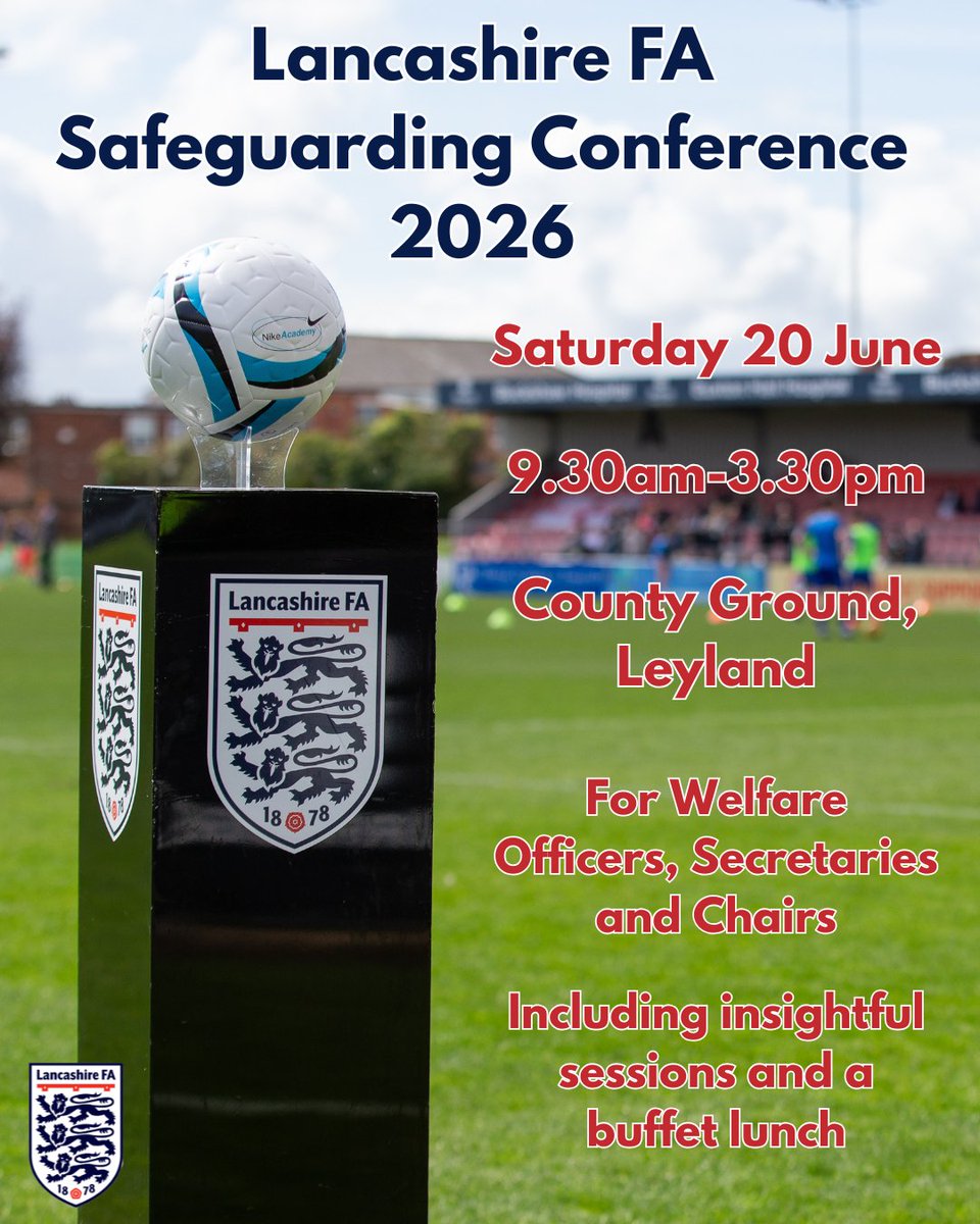 LancashireFA's tweet photo. Secretaries, Chairs and Welfare Officers! 📢

Have you booked your place on this year's Safeguarding Conference? 

With just over two weeks to go, time is ticking... ⏱️

Book your place here ➡️ https://t.co/EPLRoaqS1K https://t.co/J7Fi4B86ua