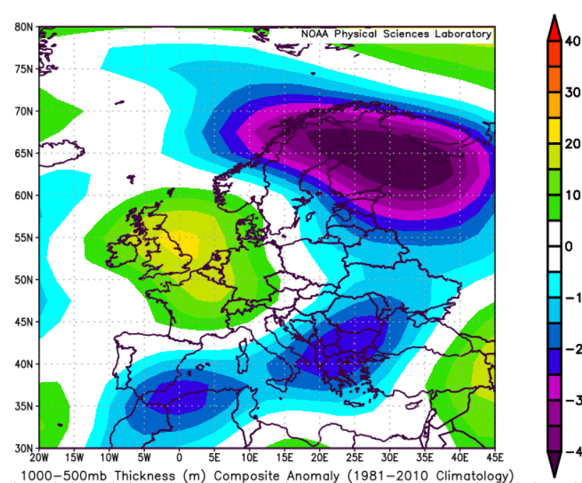 Statisticizer's tweet photo. Good morning, Pablo!
Maybe you are right! By checking the Zonal (westerly wind anomalies) for the current week via the reanalysis of likely analogs it appears that an upper level Easterly colder air may still exist above the  conventional thickness  ( 500-850 hpa) level, this colder air may , in some occasions, descend downward causing  slightly colder easterly wind gusts ( blue anomalies= easterly wind or negative westerly in the  wind map ) that do Not last for long periods-despite the presence of an Azores high or African Sahara surface high pressure/wind from one stand point : Cold Air is heavier and denser than warm air . 
How recurrent and intense this can materialize during the coming weeks will depend on the current season configuration rather the reanalysis in general.  these maps look at the current period ( 4-11 June) .