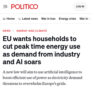 BjornLomborg's tweet photo. Because of climate policies, EU can’t produce enough reliable power

Solution? Tell households to cut electricity use when they want it most

To make room for AI data centers and industry

https://t.co/C8liiIpKFn https://t.co/Yed7ErCVtg
