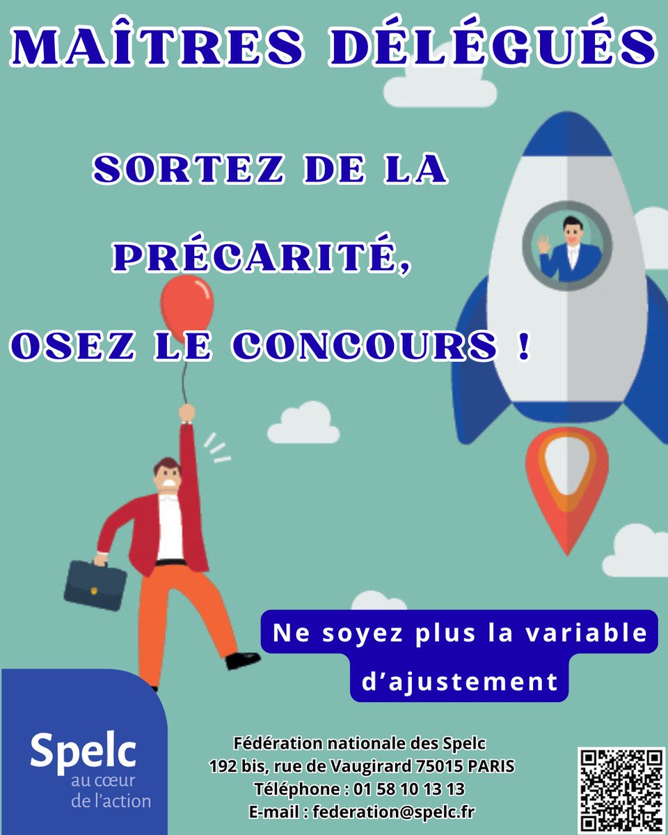FederationSPELC's tweet photo. Maîtres délégués, le budget consacré à votre rémunération est limité. Ne soyez plus la variable d’ajustement ! Sortez de la précarité, osez le concours désormais accessible dès la licence !
Le tract des experts Spelc : https://t.co/k8GvNqvb6g .
Adhérez : https://t.co/WZVnJMDkAM https://t.co/sqhir9Qwjb