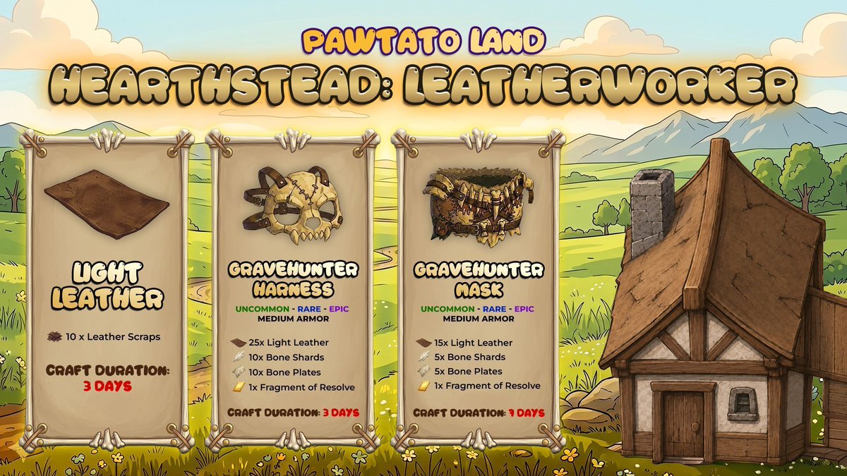 PawtatoFinance's tweet photo. 𝗛𝗲𝗮𝗿𝘁𝗵𝘀𝘁𝗲𝗮𝗱: 𝗟𝗲𝗮𝘁𝗵𝗲𝗿𝘄𝗼𝗿𝗸𝗲𝗿 

Time to dust off those raw hides and scraps you’ve been saving! 

Stitch your stash into sleek, high-mobility Medium Armor designed to handle the wildest expeditions right inside the Leatherworker workshop.

The cutting table is ready, craft and show us your very first leather armor today! 🏹