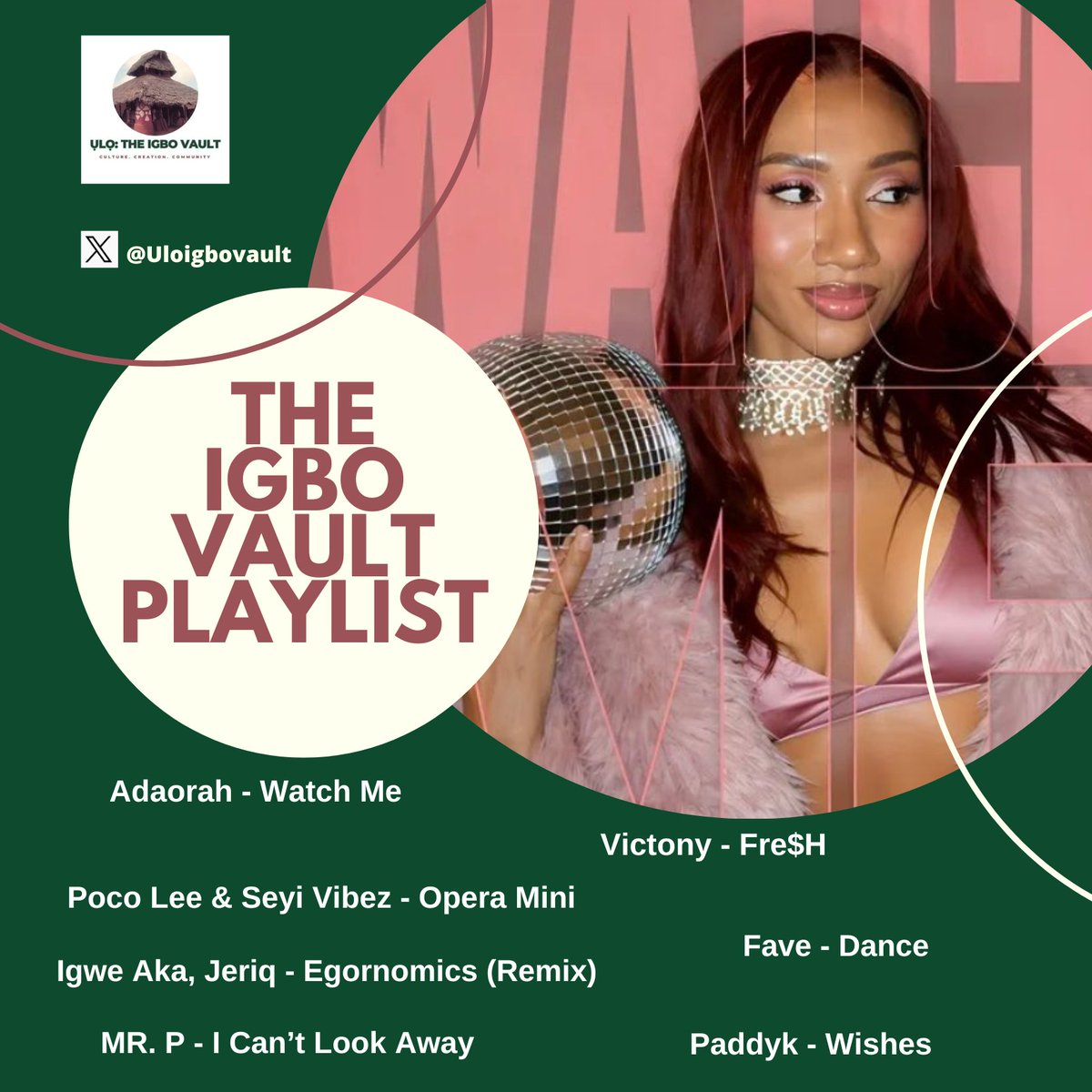 Uloigbovault's tweet photo. ỤLỌ: THE VAULT PLAYLIST

Adaorah - Watch Me
Victony - Fre$H
Poco Lee &amp; Seyi Vibez - Opera Mini
Fave - Dance
Igwe Aka, Jeriq - Egornomics (Remix)
MR. P - I Can’t Look Away
Paddyk - Wishes https://t.co/B3gdQvYjSs