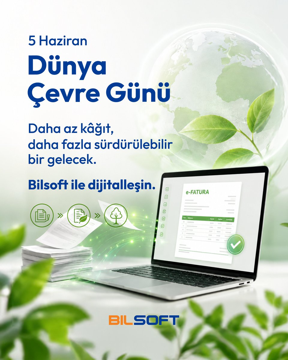 bilsoftyzlm's tweet photo. Dünya Çevre Günü’nde, işletmeler için daha sürdürülebilir süreçlerin önemini hatırlıyoruz.

Bilsoft e-Fatura ve e-Arşiv çözümleriyle kâğıt tüketimini azaltın, iş süreçlerinizi dijitalleştirin.

#DünyaÇevreGünü #Bilsoft #eFatura #eArşiv #DijitalDönüşüm #Sürdürülebilirlik https://t.co/1ziDdulZgY
