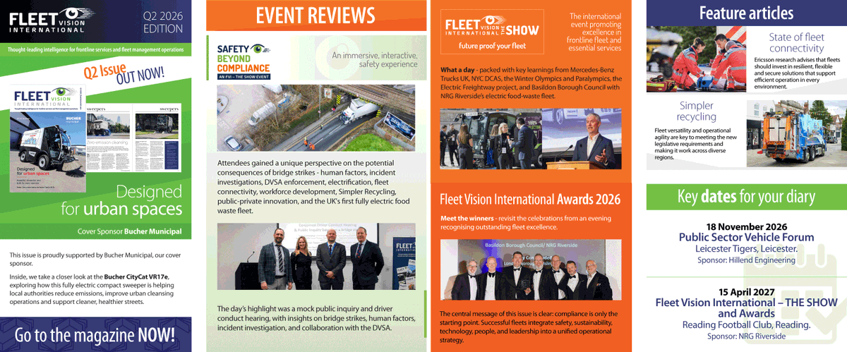 FleetVisionIntl's tweet photo. The latest issue of Fleet Vision International Q2 is now available. Inside: Bucher CityCat VR17e, Safety Beyond Compliance, FVI – THE SHOW 2026, DVSA insight, electrification, fleet connectivity, Simpler Recycling, awards coverage. Read it here:
 https://t.co/Y2Kc1BiNPD https://t.co/g5tMC8ZjsC